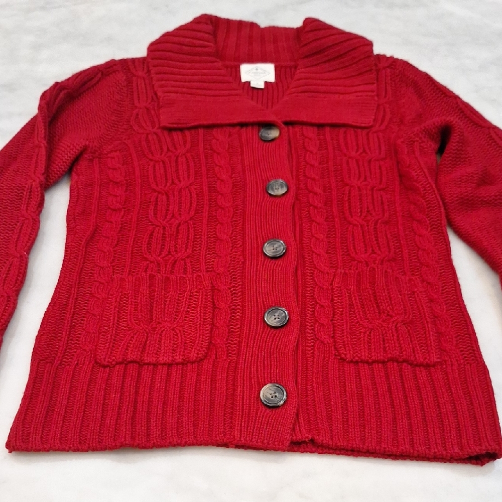 Red Cable Knit Chunky‎ Woman's Sweater Small Fishermancore Wide Collar